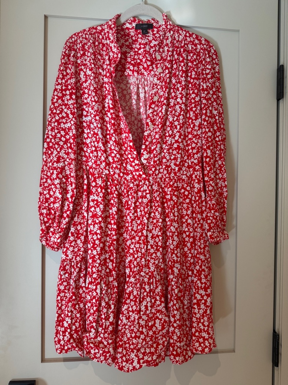 J. Crew Tiered Dress in Red Ditsy Floral Long Sleeve, size SP